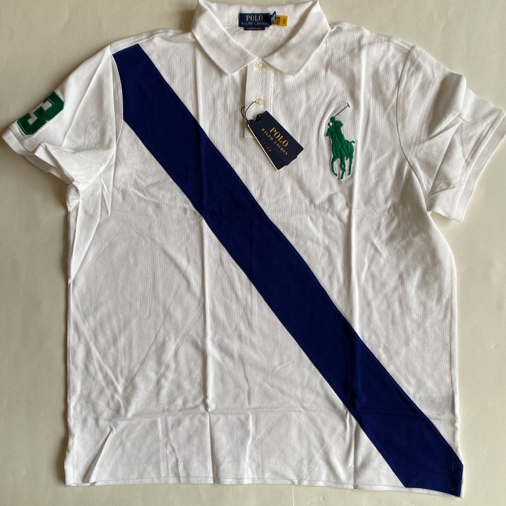 Polo Ralph Lauren Custom Slim Fit Big Pony Diagonal Stripe Mesh Polo Shirt White